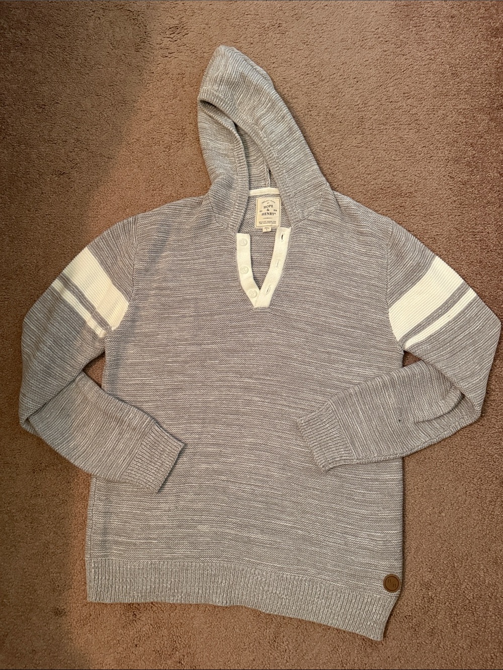 Hope & Henry Men’s Sz L Gray Hooded Sweater with White Sleeve Stripes